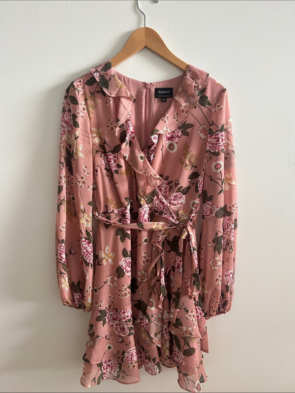 Bardot Rose-Pink Floral Ruffle Wrap Dress